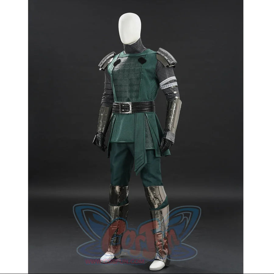 Doctor Doom cosplay tunic left-angled view with layered shoulder pieces and a wide black belt.