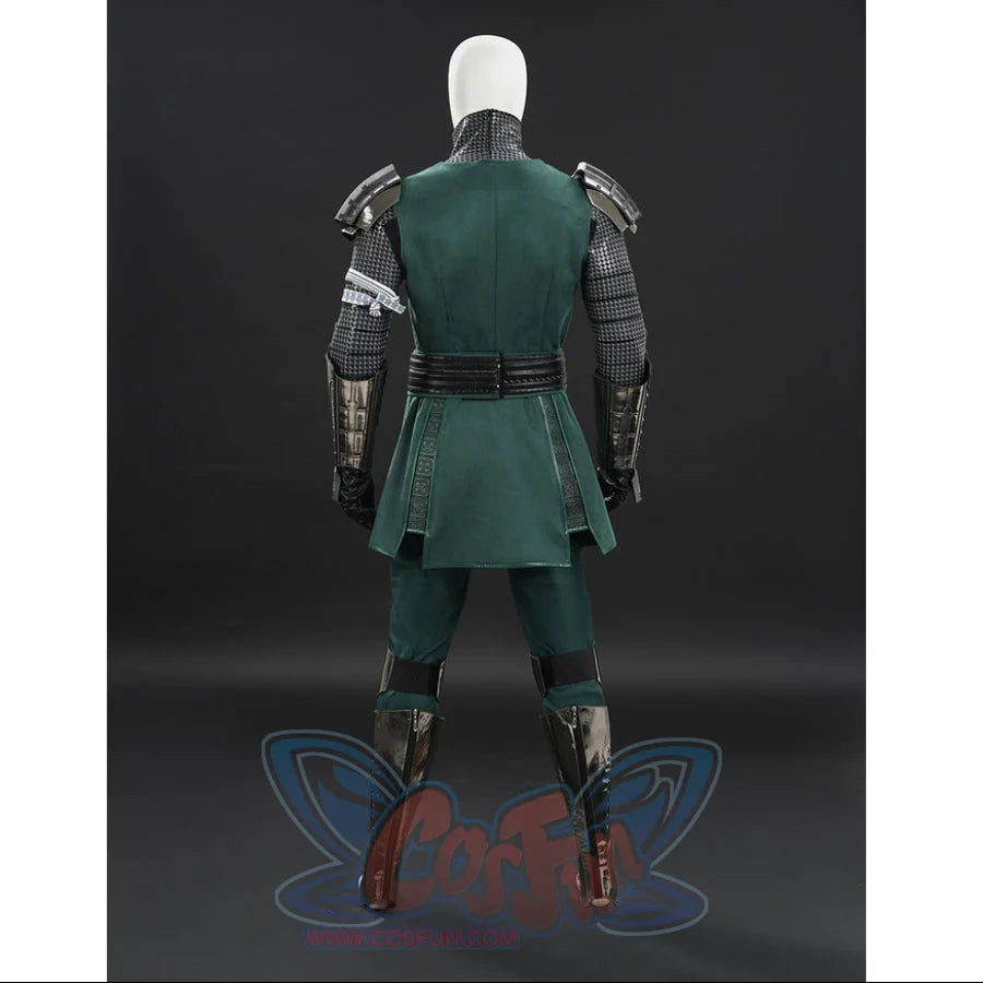 Doctor Doom cosplay tunic rear view with a wide belt and layered green back panels.