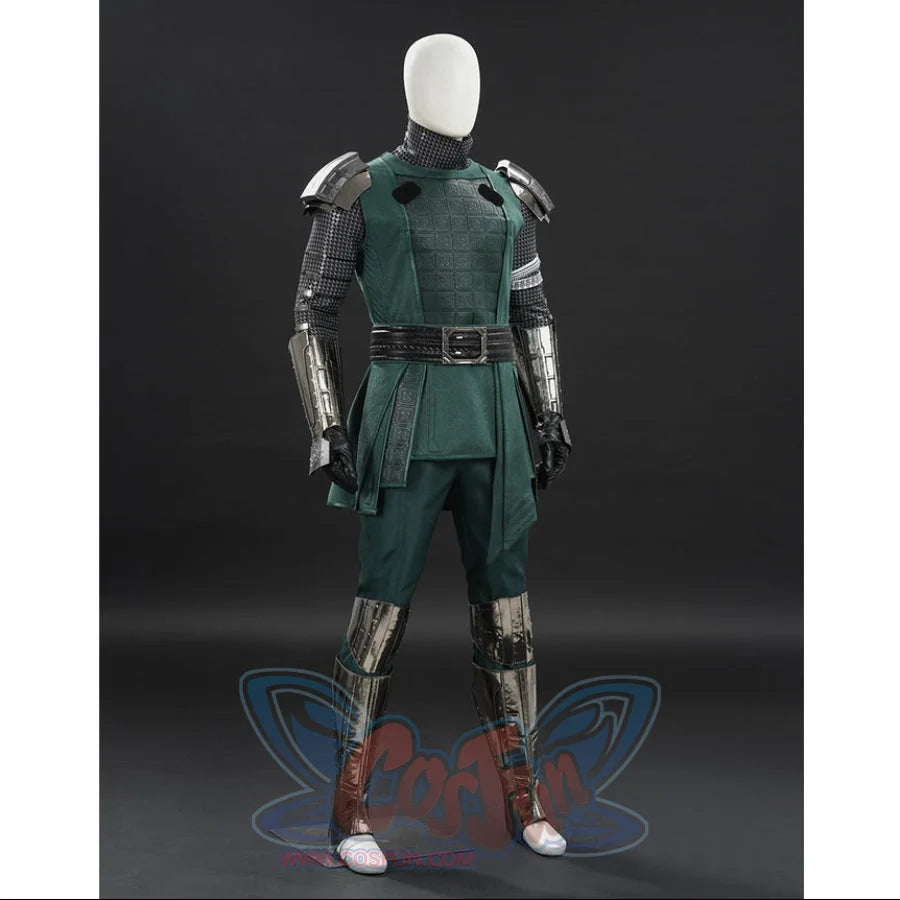 Doctor Doom cosplay tunic right-angled view with silver-tone forearm and shin guards.