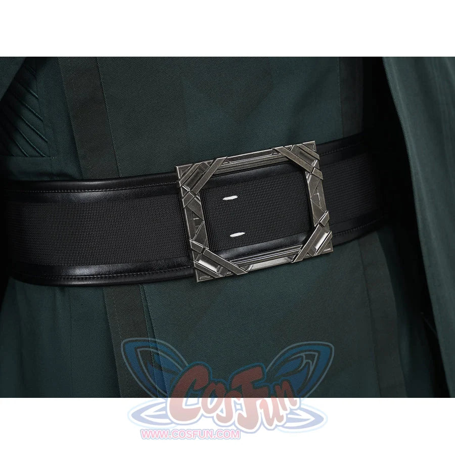 Doctor Doom cosplay belt detail with a wide black band and angular silver-tone buckle.