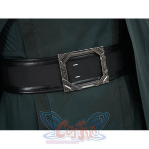 Doctor Doom cosplay belt detail with a wide black band and angular silver-tone buckle.