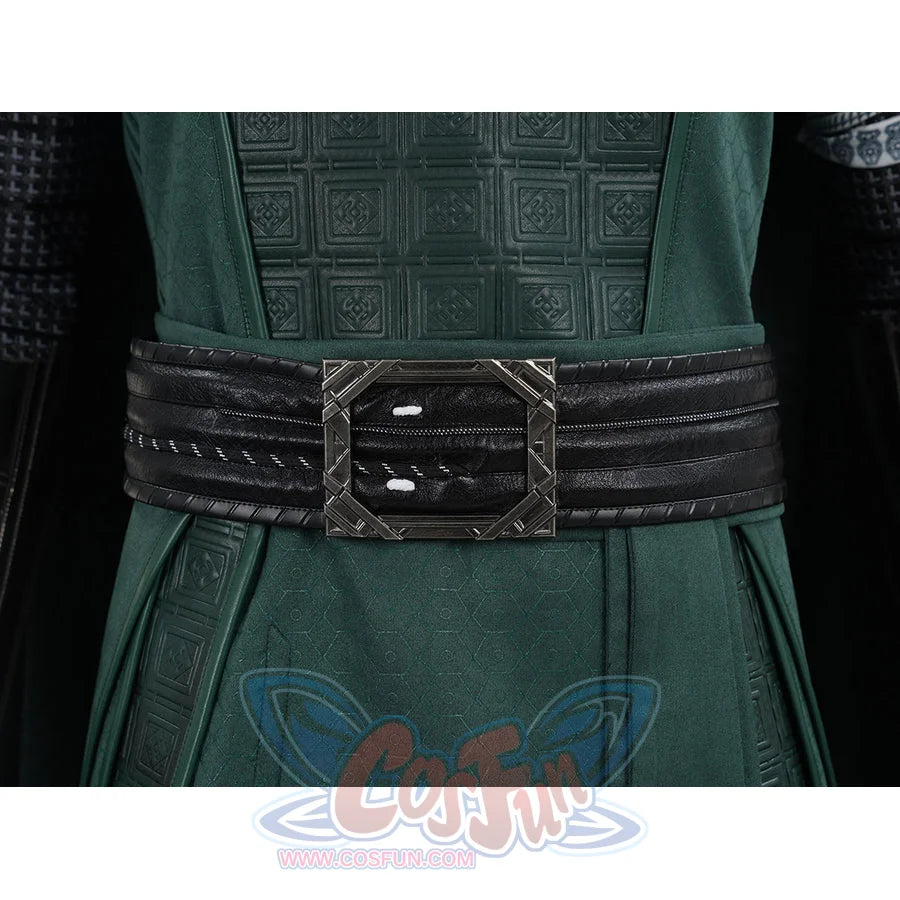 Doctor Doom cosplay belt detail with layered black bands and an angular silver-tone buckle.