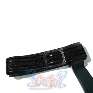 Doctor Doom cosplay belt flat lay with layered black bands and a geometric buckle.