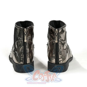 Doctor Doom cosplay boots rear view with black heel sections and full-length zippers.