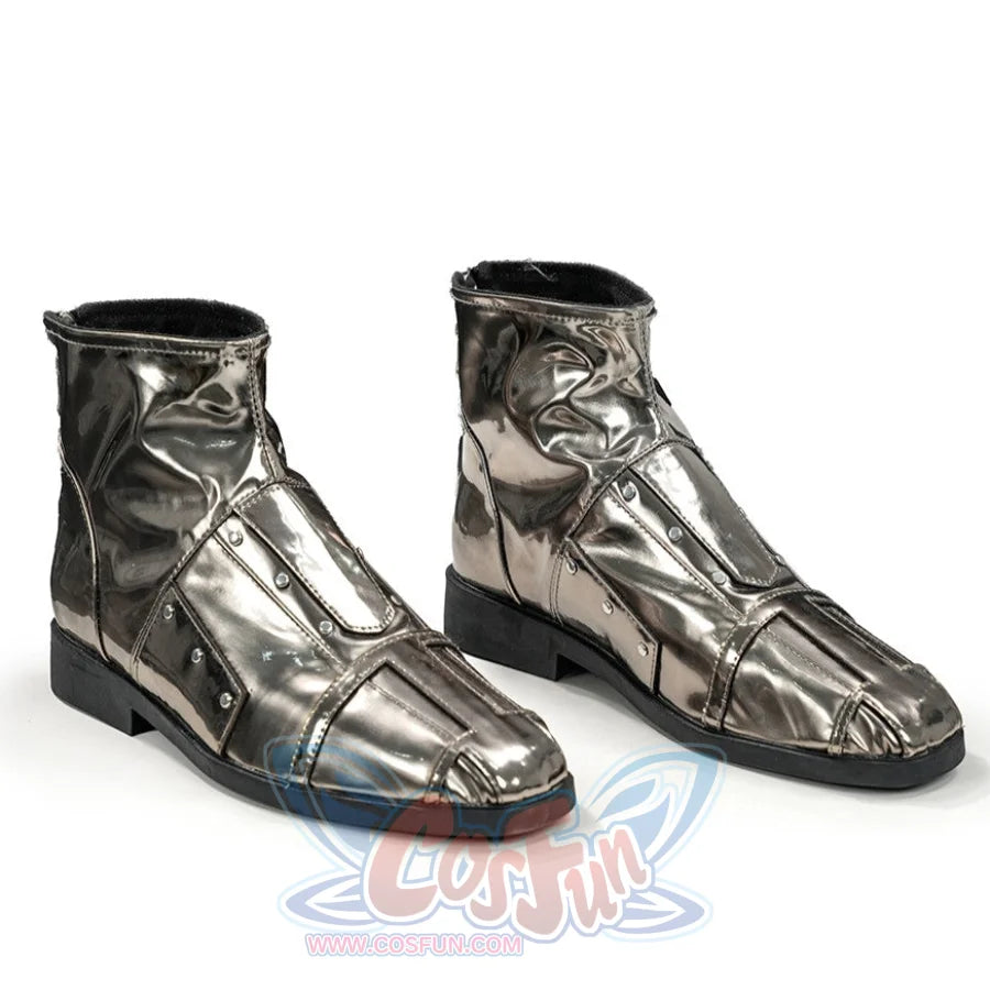 Doctor Doom cosplay boots in a three-quarter view with angular silver-gray paneling.