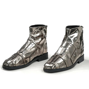 Doctor Doom cosplay boots in a three-quarter view with angular silver-gray paneling.
