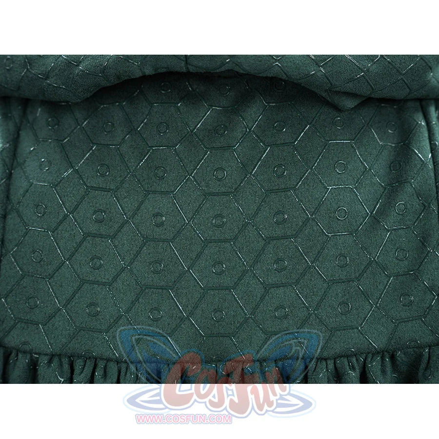 Doctor Doom cosplay cape back detail with a repeating geometric pattern above a gathered seam.