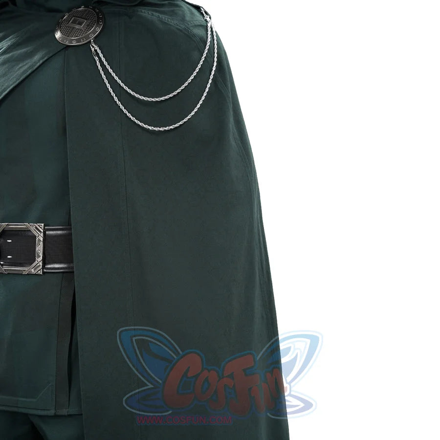 Doctor Doom cosplay cape detail with silver-tone chains draped above the wide black belt.