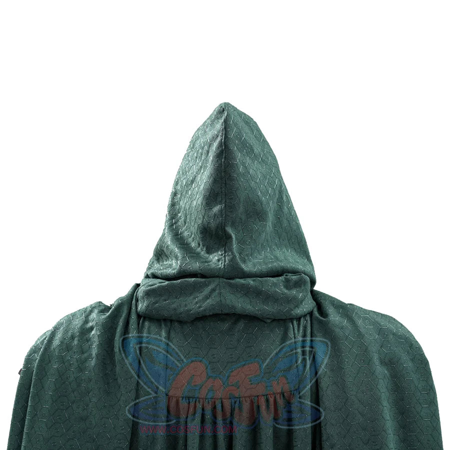 Doctor Doom cosplay cape hood rear view with gathered green fabric across the shoulders.