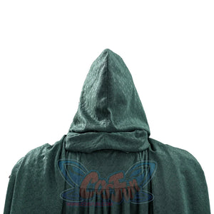 Doctor Doom cosplay cape hood rear view with gathered green fabric across the shoulders.