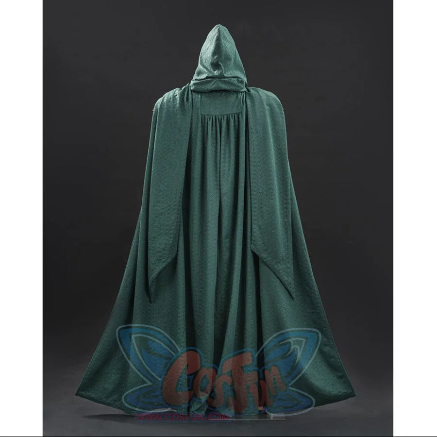 Doctor Doom cosplay cape rear view with a pointed hood above the long green drape.