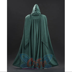 Doctor Doom cosplay cape rear view with a pointed hood above the long green drape.
