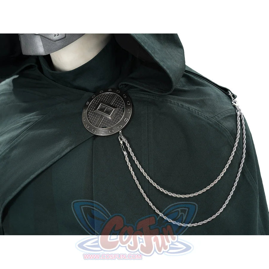 Doctor Doom cosplay cape shoulder clasp with two silver-tone chains across the green fabric.