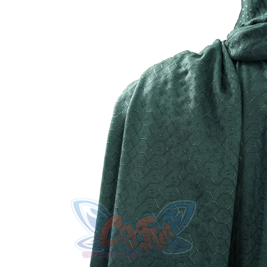 Doctor Doom cosplay cape side detail with a subtle geometric texture across the green fabric.