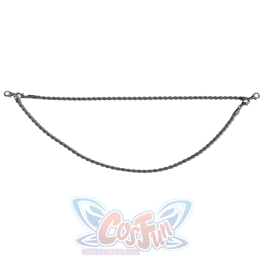 Doctor Doom cosplay chain flat lay with two silver-tone strands and end clips.