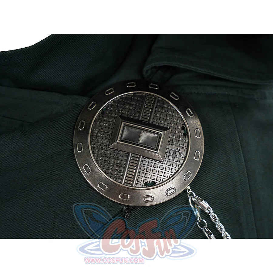 Doctor Doom cosplay cape clasp detail with a round dark ornament and silver-tone chains.