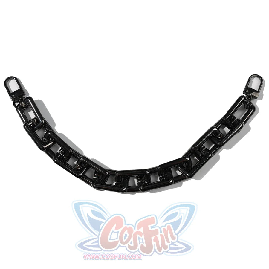 Doctor Doom cosplay chain flat lay with dark rectangular links and end clips.