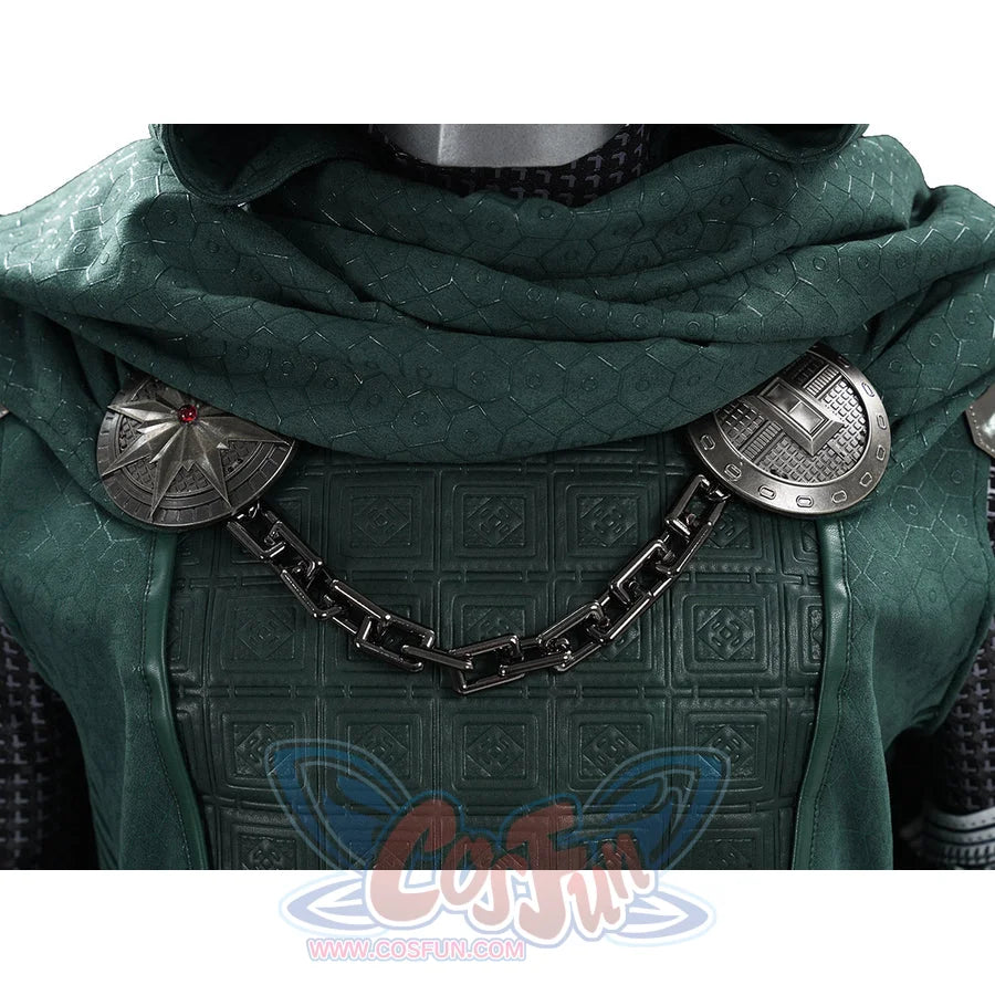 Doctor Doom cosplay chest detail with embossed green panels and a dark chain between round ornaments.