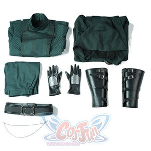 Doctor Doom cosplay costume set flat lay with the outfit arranged for viewing.