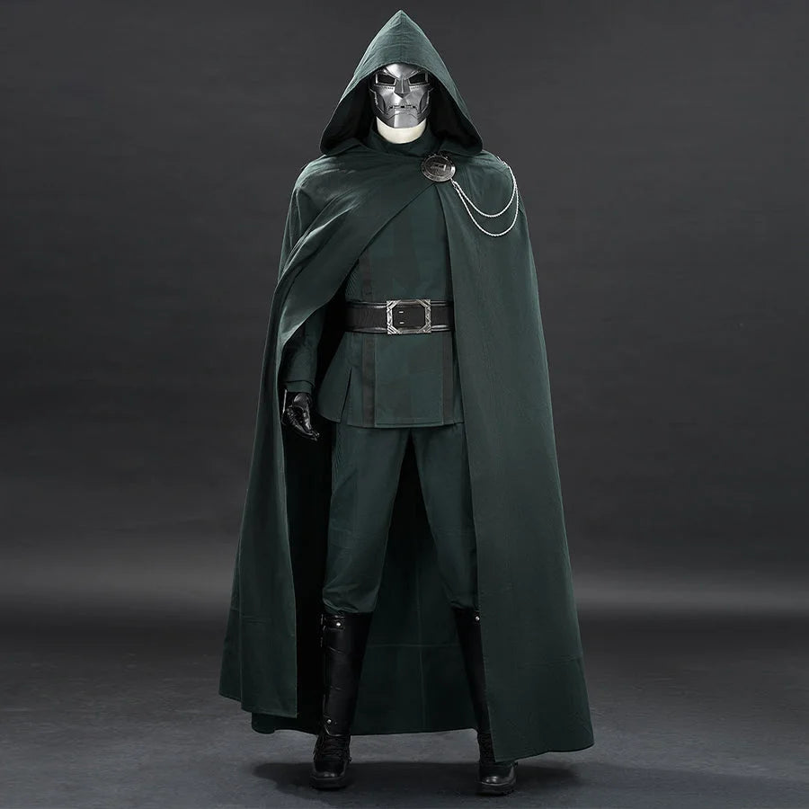 Doctor Doom cosplay costume with a sweeping hooded green cape over a belted tunic.