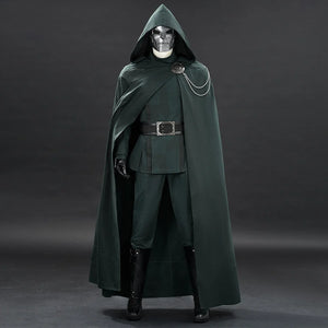 Doctor Doom cosplay costume with a sweeping hooded green cape over a belted tunic.
