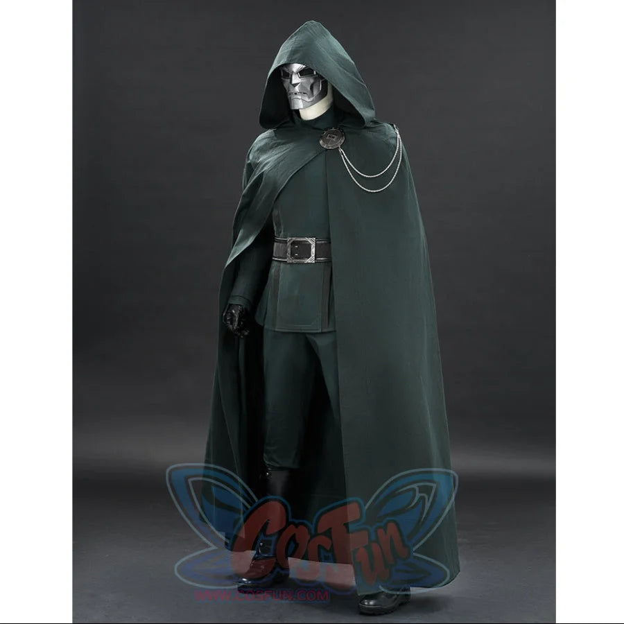Doctor Doom cosplay costume left-angled view with a long green cape and silver-tone chains.