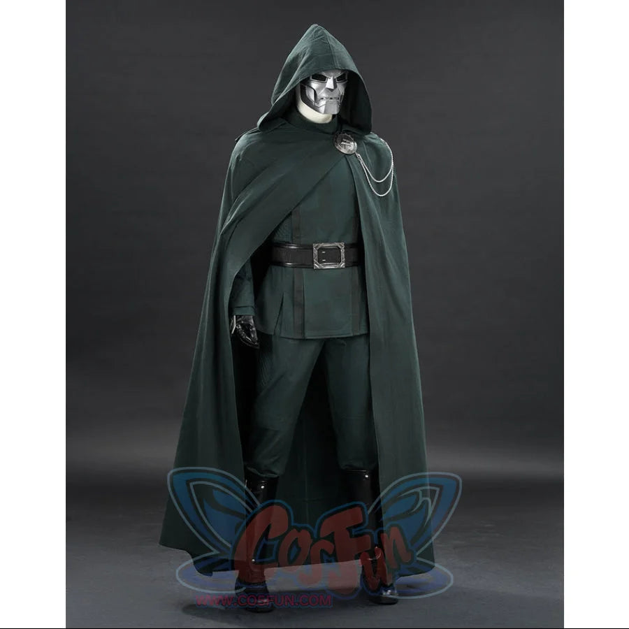 Doctor Doom cosplay costume right-angled view with a split green tunic and black leg covers.