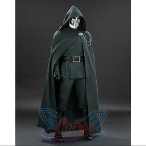 Doctor Doom cosplay costume right-angled view with a split green tunic and black leg covers.