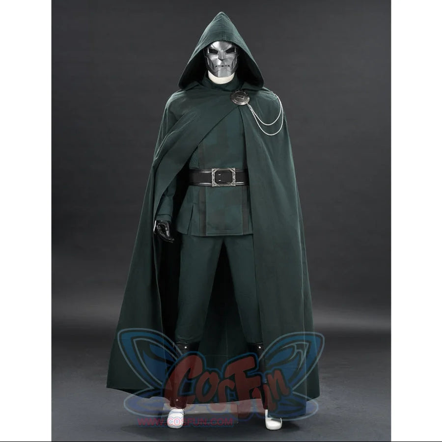 Doctor Doom cosplay costume full view with a shoulder clasp and silver-tone chains over the cape.
