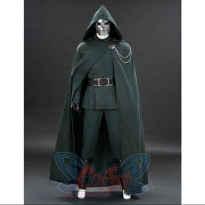 Doctor Doom cosplay costume full view with a shoulder clasp and silver-tone chains over the cape.
