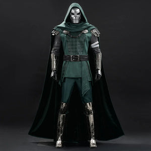 Doctor Doom cosplay costume with a hooded green cape over an embossed tunic and silver-tone armor.