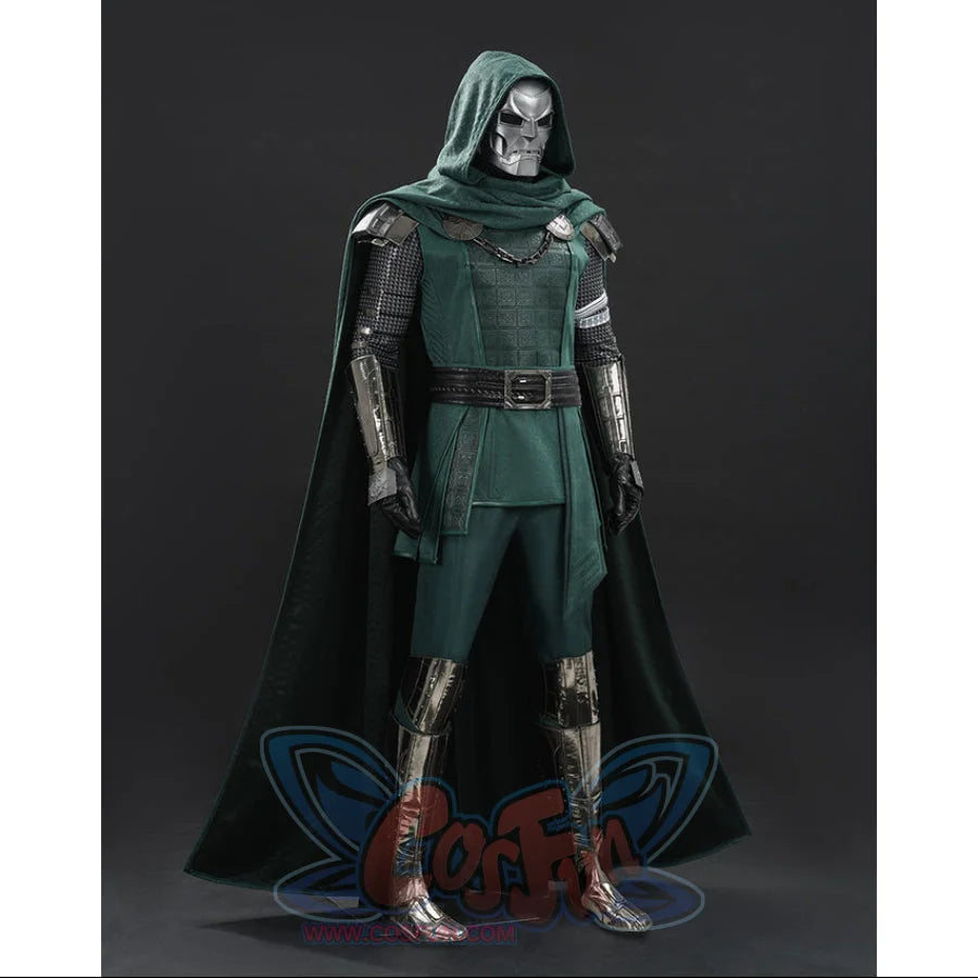 Doctor Doom cosplay costume with a hooded green cape over an embossed tunic and silver-tone armor.