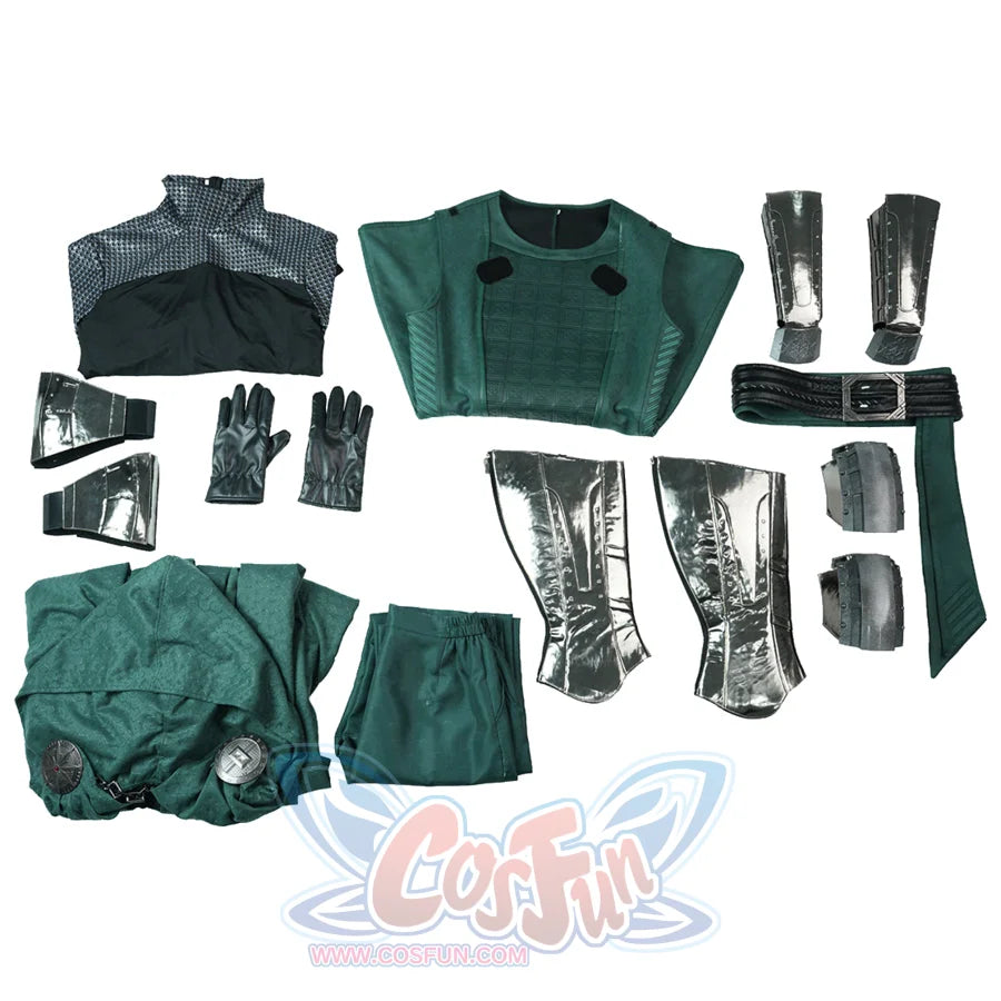 Doctor Doom cosplay costume set flat lay with the outfit arranged for viewing.