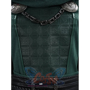 Doctor Doom cosplay chest panel close-up with repeating geometric motifs above the belt.