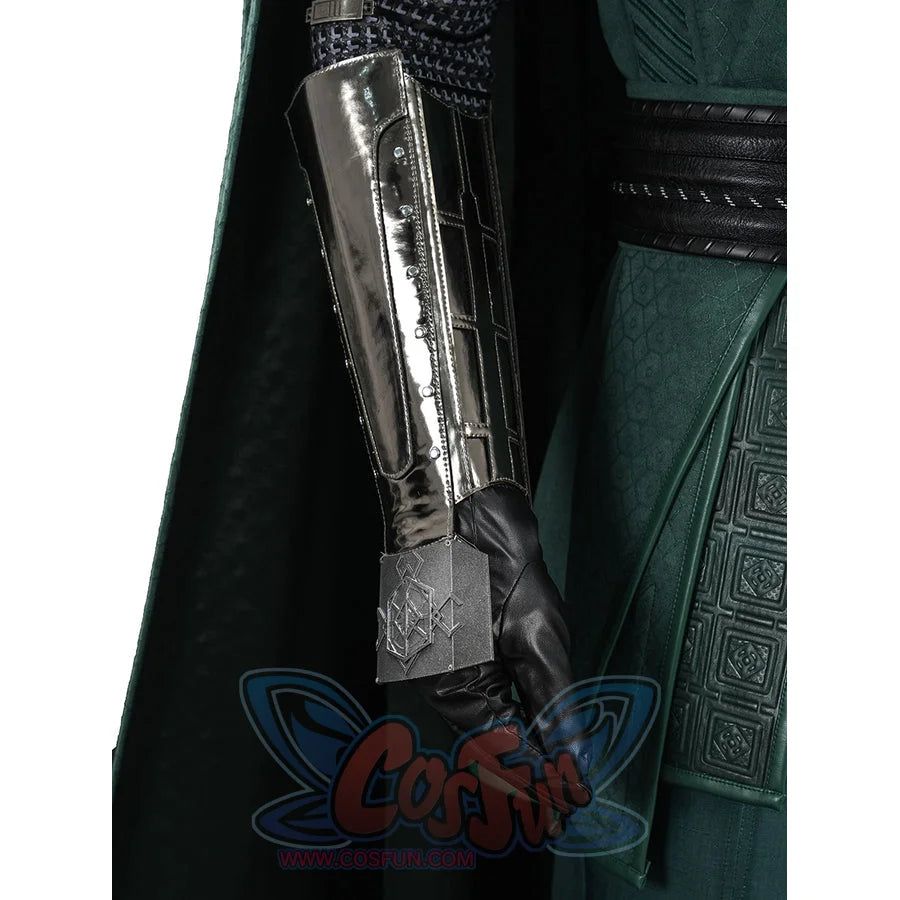 Doctor Doom cosplay forearm armor side view with reflective panels next to the tunic trim.