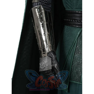 Doctor Doom cosplay forearm armor side view with reflective panels next to the tunic trim.