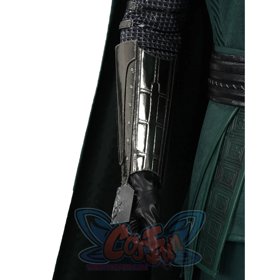 Doctor Doom cosplay forearm guard close-up with reflective silver-tone panels beside a black glove.