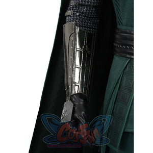 Doctor Doom cosplay forearm guard close-up with reflective silver-tone panels beside a black glove.