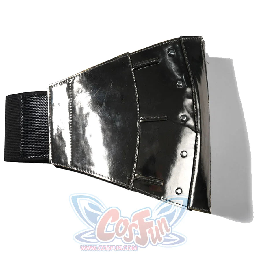 Doctor Doom cosplay gauntlet flat lay with reflective silver-tone panels and dark edging.