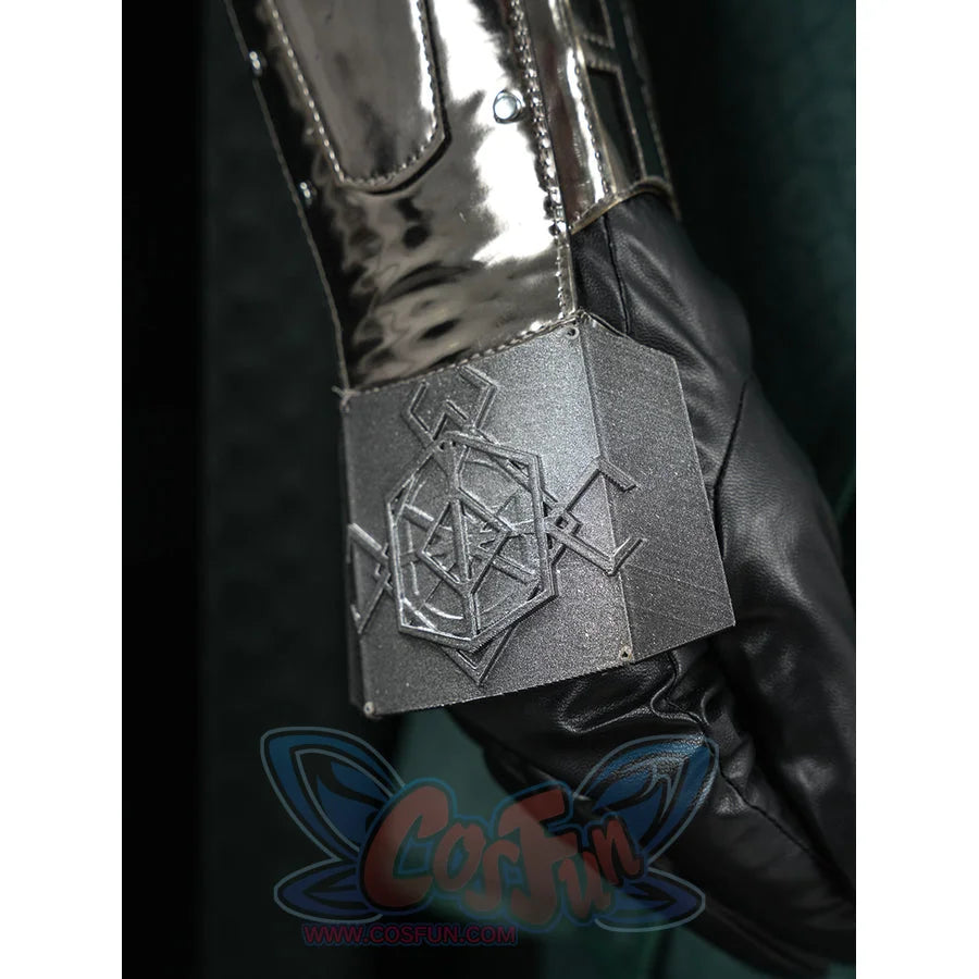 Doctor Doom cosplay glove detail with an angular silver-tone wrist ornament.