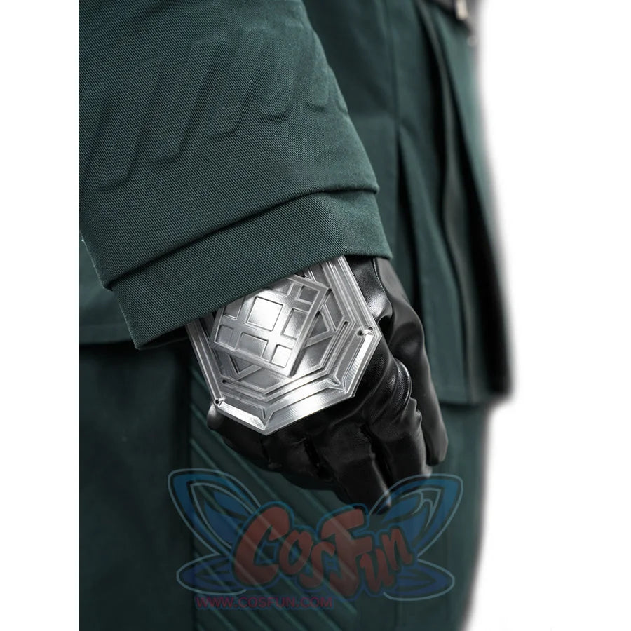 Doctor Doom cosplay glove detail with a geometric silver-tone wrist plate.