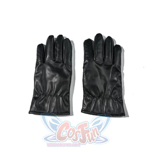 Doctor Doom cosplay gloves flat lay with smooth black panels and gathered wrists.