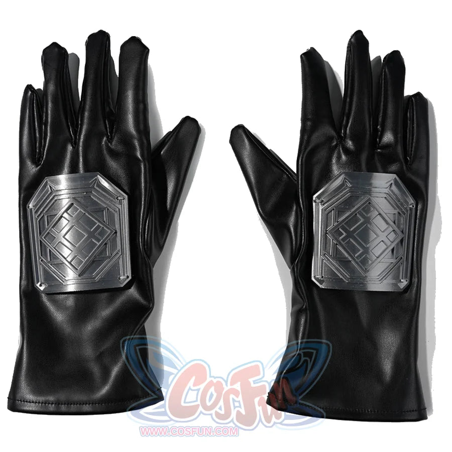 Doctor Doom cosplay gloves flat lay with angular silver-tone plates across the backs.