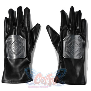 Doctor Doom cosplay gloves flat lay with angular silver-tone plates across the backs.
