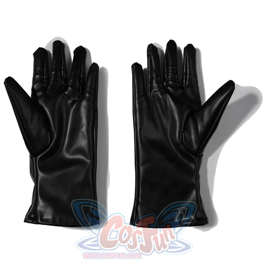 Doctor Doom cosplay gloves palm-side flat lay with smooth black panels.