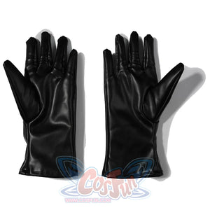 Doctor Doom cosplay gloves palm-side flat lay with smooth black panels.