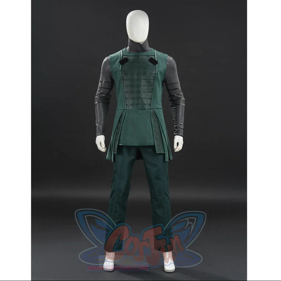 Doctor Doom cosplay green tunic front view with embossed chest panels and a split hem.