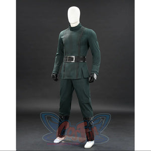 Doctor Doom cosplay tunic left-angled view with ribbed side panels and a wide black belt.