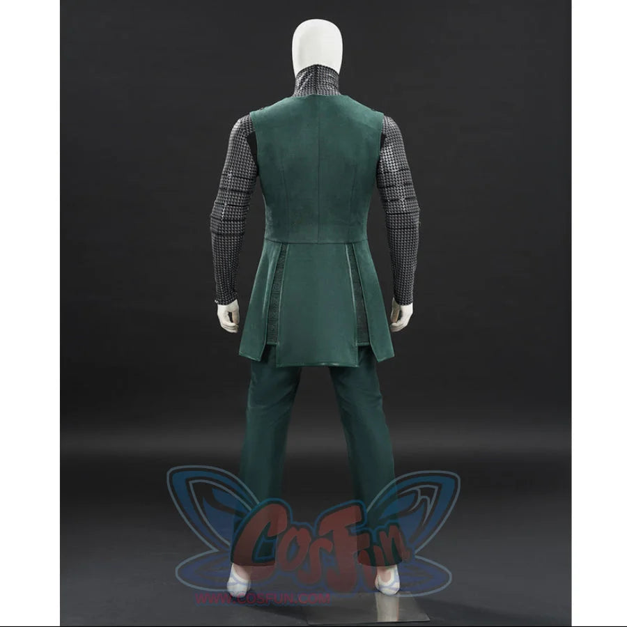 Doctor Doom cosplay green tunic rear view with fitted seams and long side panels.