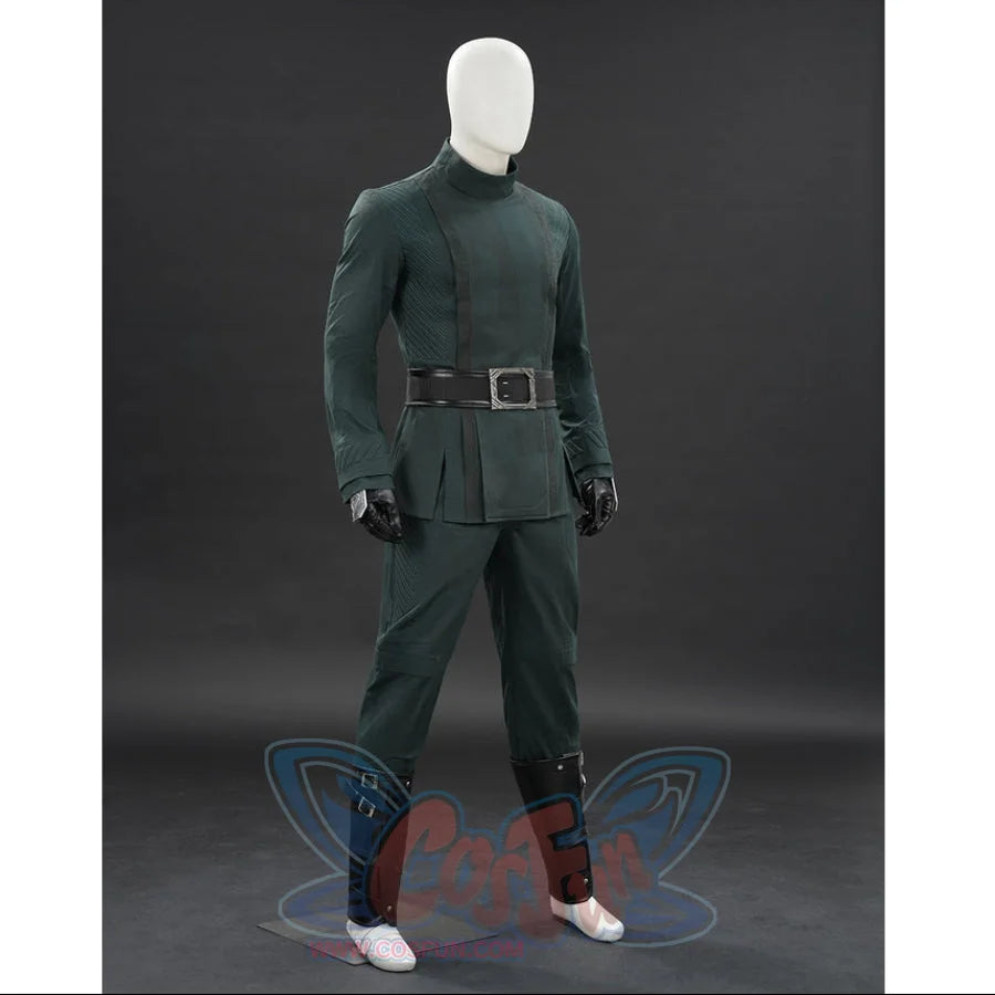 Doctor Doom cosplay tunic right-angled view with fitted sleeves and black leg covers.
